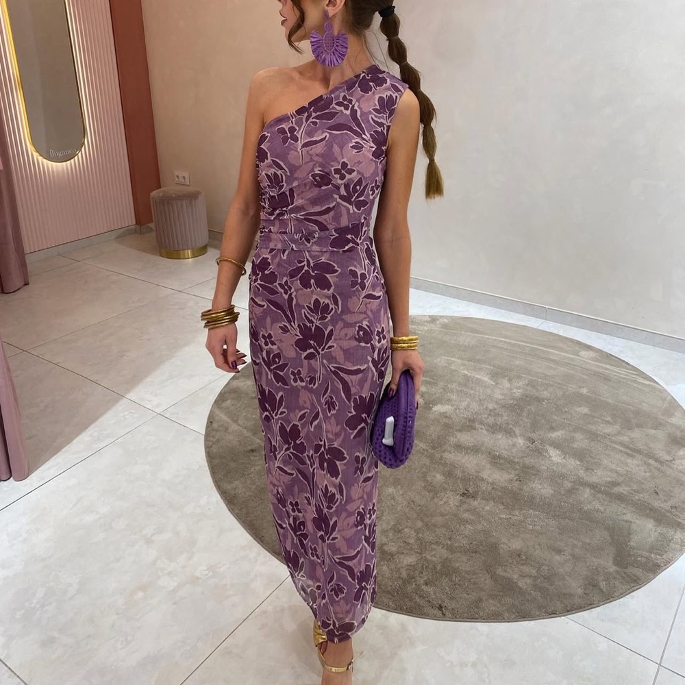 NWT Purple Floral One-Shoulder Dress
